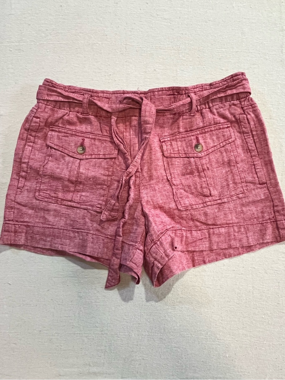 Loft Linen/Cotton Blend Removable Tie Front Safari Shorts, Red Herringbone, Sz S